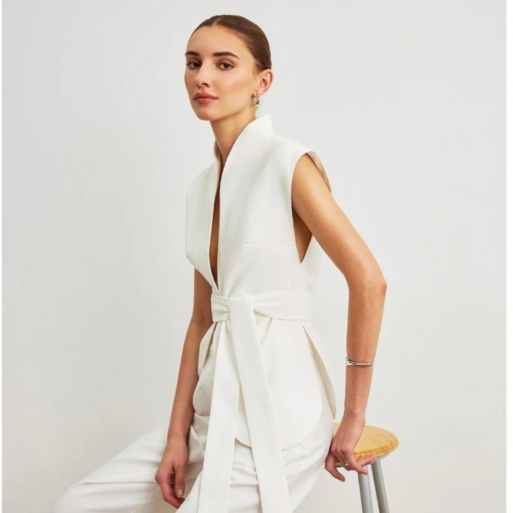 NWT Commense White Sleeveless Vest Top Blouse Tie Waist Belted Xs Old Money - Picture 3 of 10